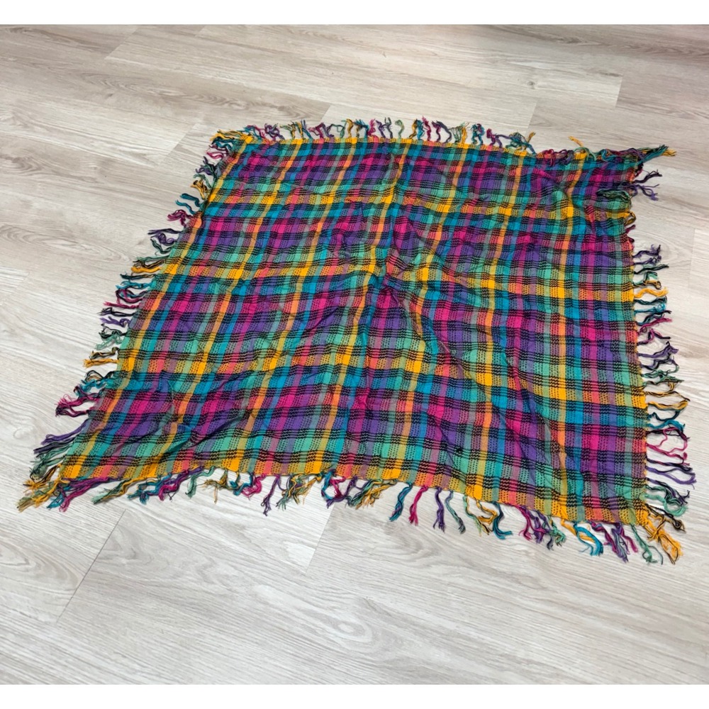 Ben Goodman Multi Color Plaid Square Scarf Rayon Fringe Boho Made in India